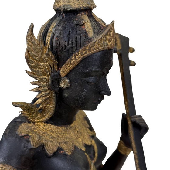 Thaise Muzikant Beeld Brons – Goud Zwart Patina Tempelfiguur – Beeldhouwkunst, Bronze, Aziatisch (photo 11 of 14)
