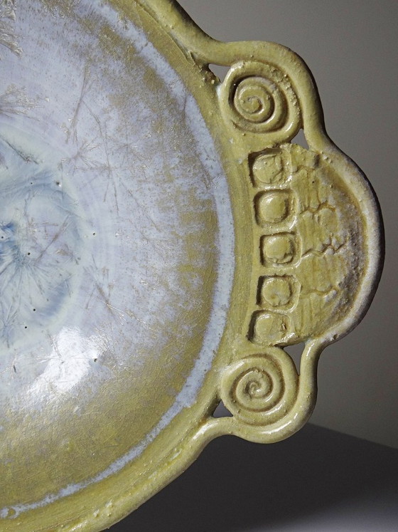 Image 1 of Coupe vide-poche en grès à émaux cristallins signée Françoise Roussel vintage