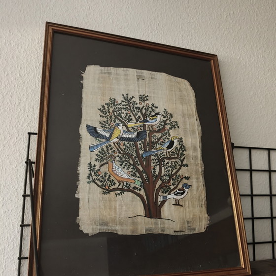 Image 1 of Vintage Hand-Painted Egyptian Papyrus Artwork with Birds – Framed