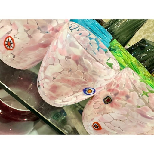 Juego de 6 copas de Murano modernas y contemporáneas con lunares rosas y murrine