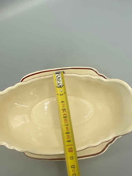 Salsiera Longwy in maiolica pregiata, decorazione marsigliese, tulipani marroni e verdi, corpo a coste, (photo 6 of 6)