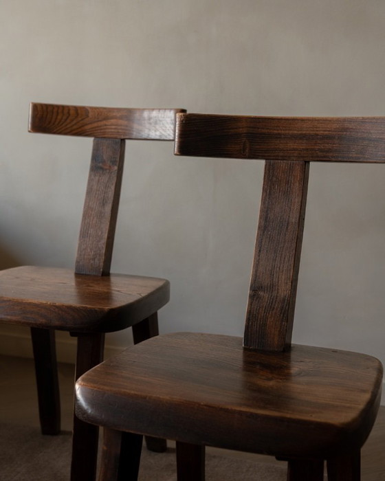 Image 1 of Set of 3 Vintage “T” Dining Chairs by Aranjou, France (c.1960s) – Stained Elm, Brutalist Sculptural