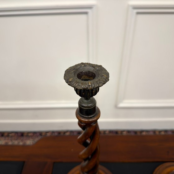 Antique English Barley Twist Candle holders – Wood, Brass (photo 2 of 5)