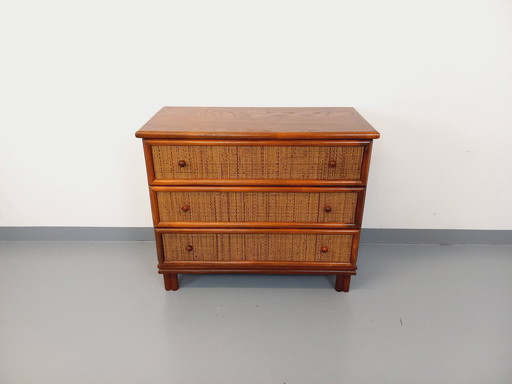 Vintage 70's Wood and Rattan Chest of Drawers