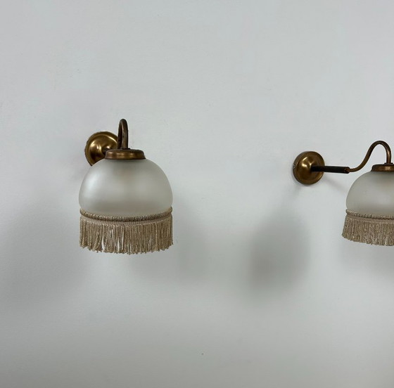 Image 1 of Pair of vintage wall lights, brass and frosted glass, France, 1970