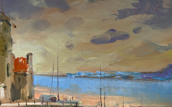 Image 1 of Dipinto ad olio originale, Paesaggio costiero serale, Tramonto arancione sul mare