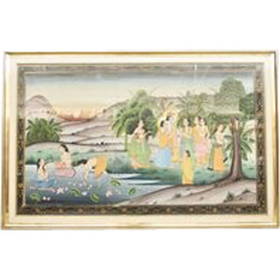 Image 1 of Vintage figurative scene canvas painting, India 1970