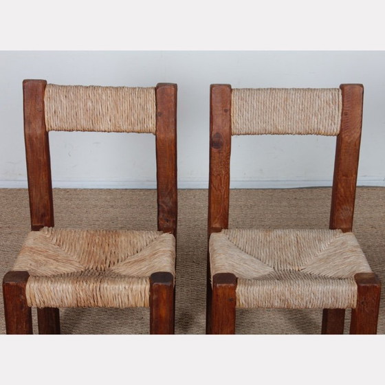 Image 1 of Set van 4 massief houten stoelen met rieten zitting, 1950