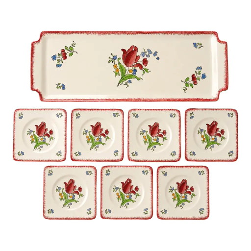 Service de Dessert et de Présentation en Faïence Florale Gien France “Lorraine” des Années 1950, 8 Pièces