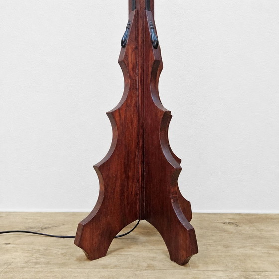 Image 1 of Amsterdam School / Art Deco floor lamp stained glass shade (geometric design) oak base