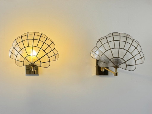 Paire d'appliques vintage orientable, laiton et nacre, France 1980