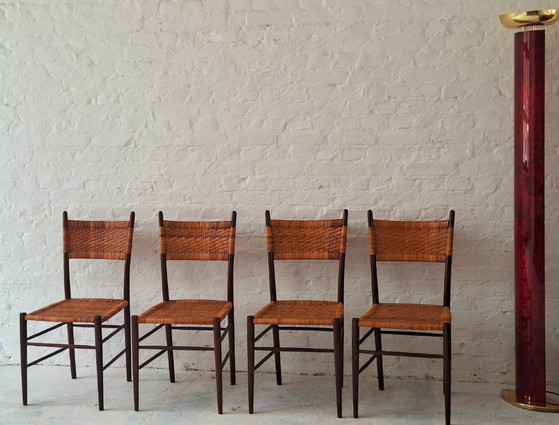 Image 1 of Set of 4 Teak Dining Chairs with Patinated Cane Seats and Backs after Gio Ponti, Italy 1950s