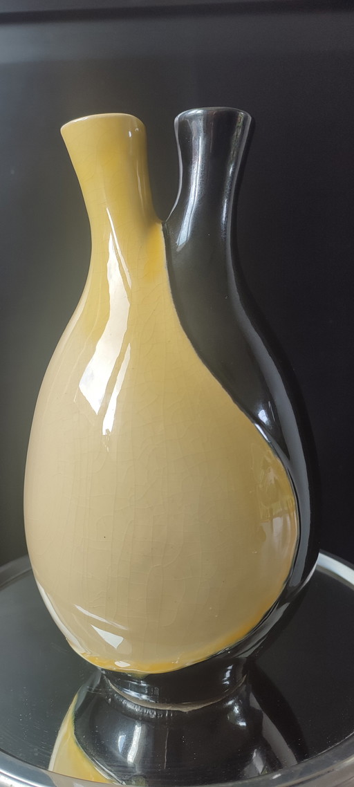 Vaso in ceramica vintage a due colli, 1964.