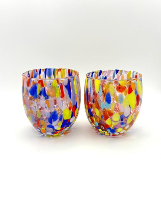 Image 1 of Set di 6 bicchieri in vetro soffiato veneziano con murrine Effetre Murano fuse nel vetro, hand made in italy.