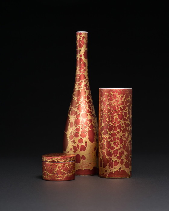 Image 1 of Rosenthal H. Drexler Vase Duo en porcelaine peinte à la main et boîte à couvercle Goldfeuer