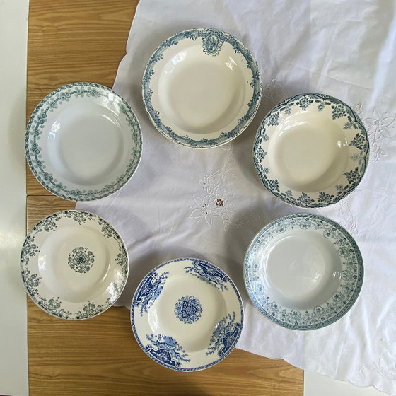 Image 1 of Set of 6 mismatched earthenware soup plates, antique Sarreguemines faience, Choisy le Roi, Longwy, Moulin des Loups
