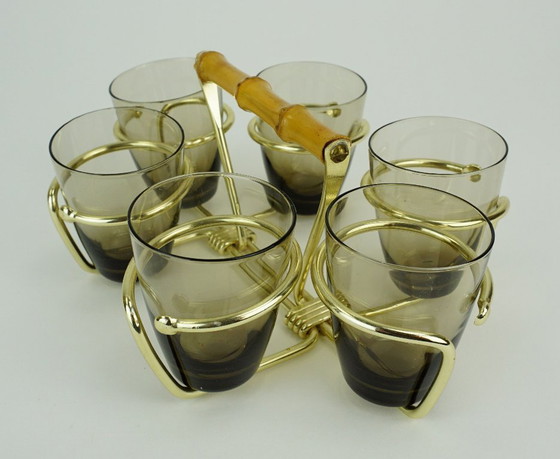 Image 1 of set of 6 mid century SHOT GLASSES in a brass holder with bamboo handle 1950s