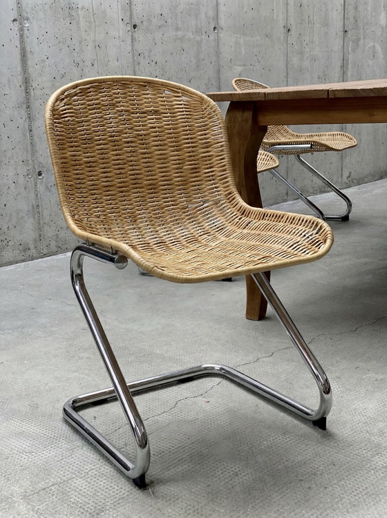 Image 1 of SET OF 6 RATTAN CHROME CANOPY CHAIRS IN THE GASTONE RINALDI STYLE, ITALY 1970s