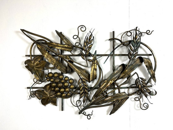 Image 1 of Brass wall decoration with grapes and sheaf of wheat, 1950s