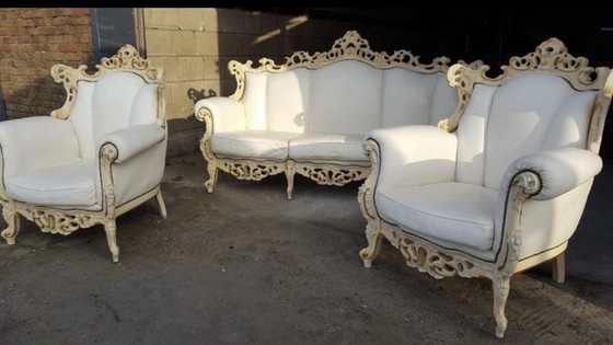 Image 1 of Wit craquelé barok bank met fauteuils leder