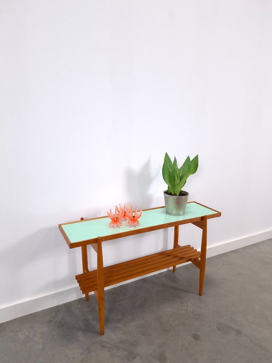 Table d'appoint vintage en bois avec plateau en Formica vert menthe – Tables d'appoint, Wood, Plastic (photo 3 of 13)