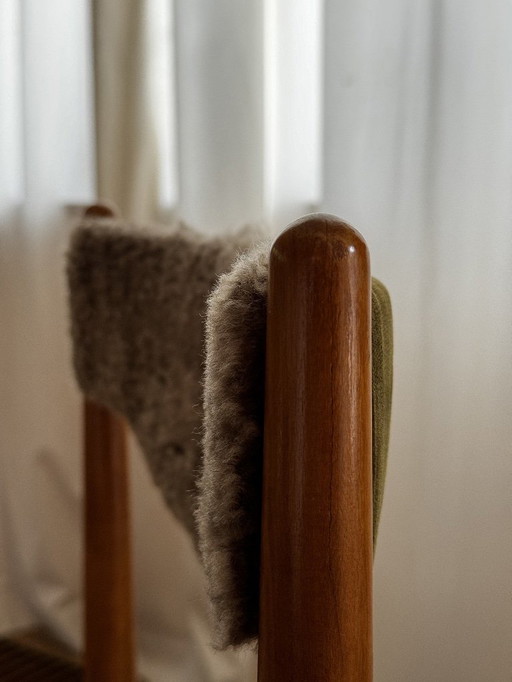 2 x Luxury Reupholstered Ottens & Arndt Chairs - Natural Sheepskin & Green Velvet.