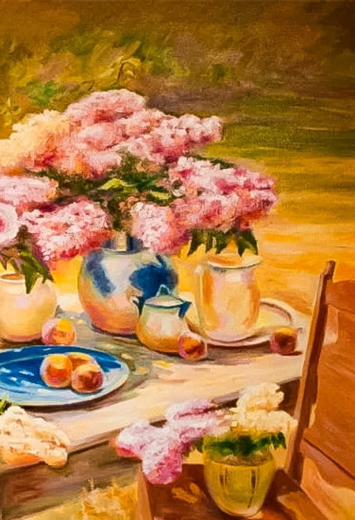 Oil painting of a garden with a table and flowers. Oil painting of a garden with flowers and fruit. New.