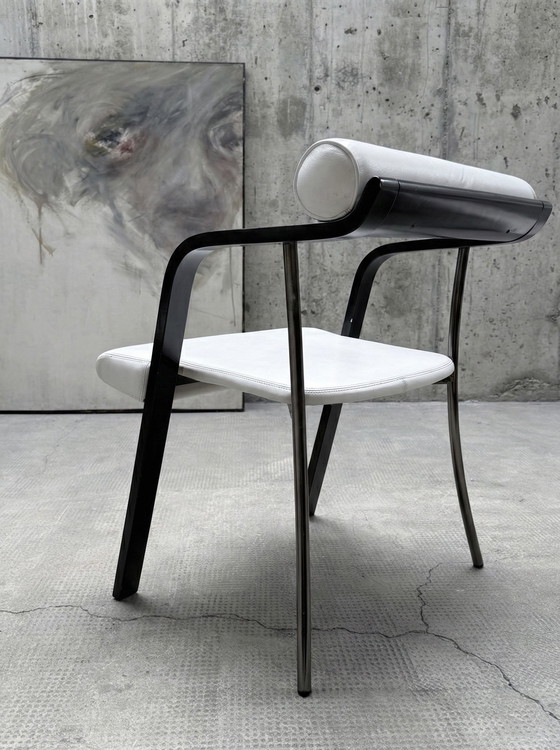 Image 1 of 4x DINING ROOM CHAIRS ITALY LEATHER WHITE WOOD BLACK METAL 1980s