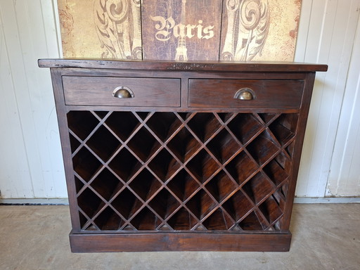 Mueble para vinos, mesa auxiliar y cómoda de teca con 2 cajones. Dimensiones: 102 x 36 cm y 85 cm de alto.