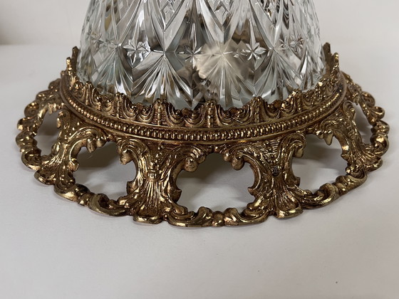 Image 1 of Vintage Hollywood Regency plafonnière messing met kristal glas kap