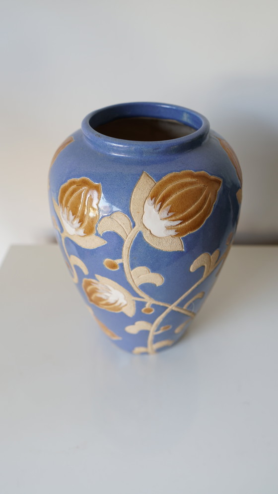 Image 1 of Vase En Grès Vernissé - Décor Floral En Relief - Style Keramis - Années 70/80