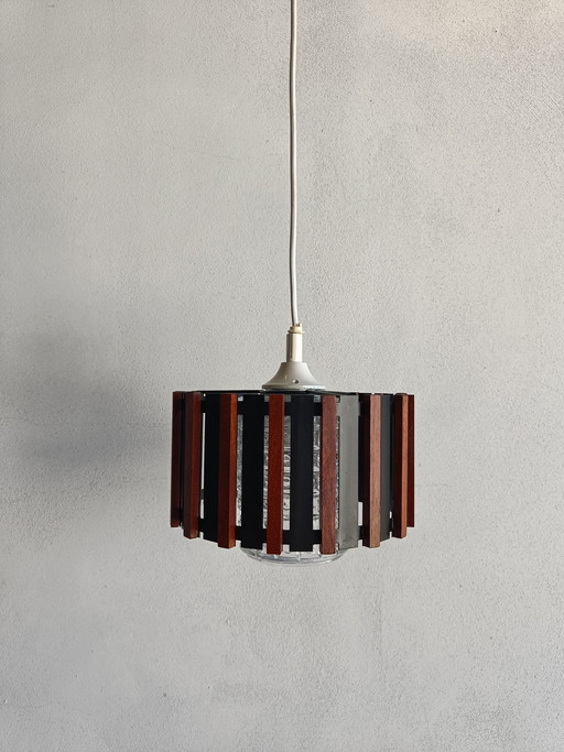 Scandinavian style pendant lamp in teak, black metal and textured glass, 1960s/70s