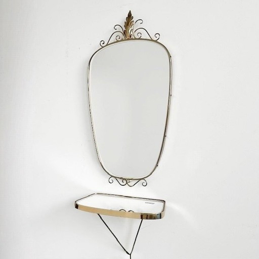 Vintage mid-century DeKnudt wandspiegel en wandconsole messing asymmetrisch acanthus 1960's