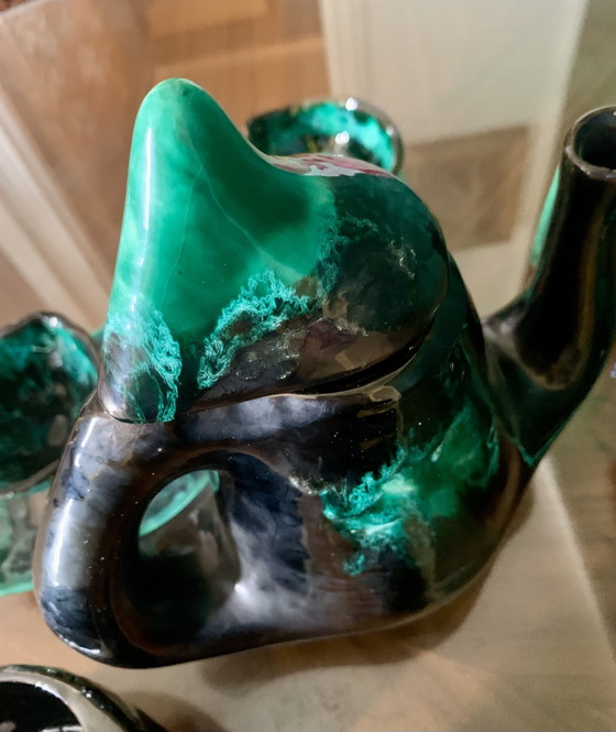 Service À Café / Thé Sculptural Vallauris Vintage — Émail Vert Émeraude Réactif & Noir Profond (Années (photo 6 of 15)