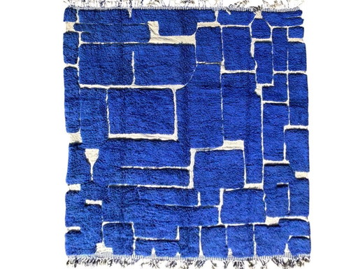 Marokkaans blauw Beni Mrirt tapijt 300x340 cm - Handgemaakt wollen tapijt, blauw geometrisch vloerkleed