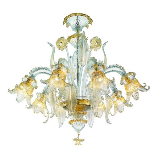 Luxury Italian Clear and Gold-Leaf Chandelier With Flowers and Leaves Murano Glass