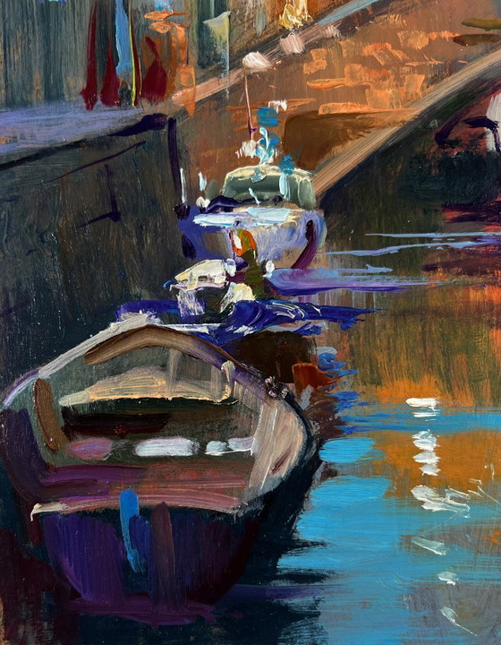 Image 1 of Original Oil Painting River Street Landscape Bridge connecting the city banks