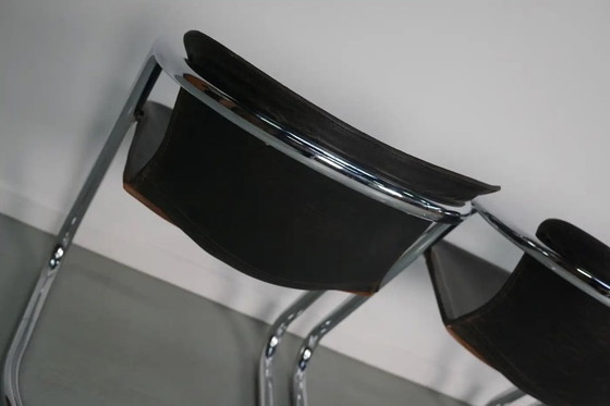 Image 1 of Set van vier bruine leren eetkamerstoelen, Willy Rizzo, jaren 1970