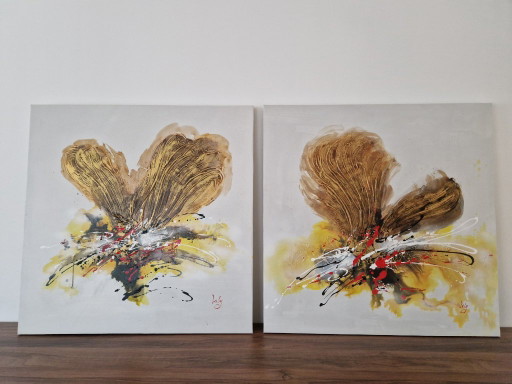 Beautiful Large Abstract Diptych (2x 80x80) Gold/Modern 3D Canvas