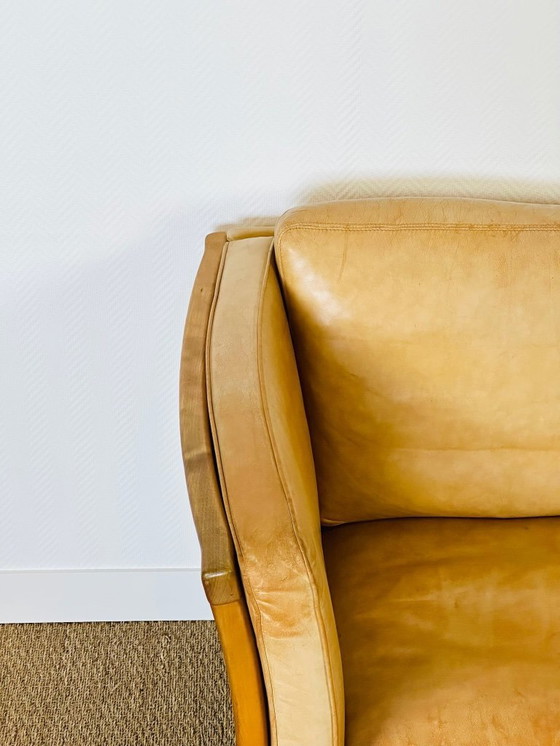 Image 1 of Vintage Scandinavian 2-seater sofa in beige leather and wood by Stouby, 1960s