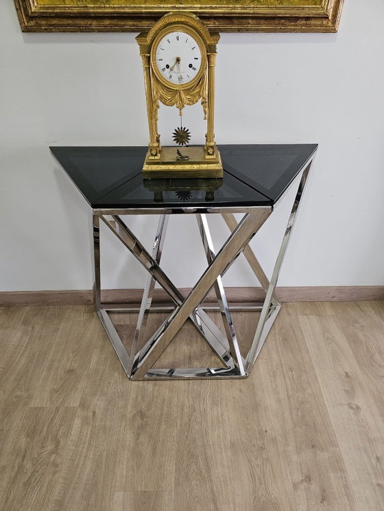 Image 1 of Table modulaire géométrique en acier chromé et verre noir