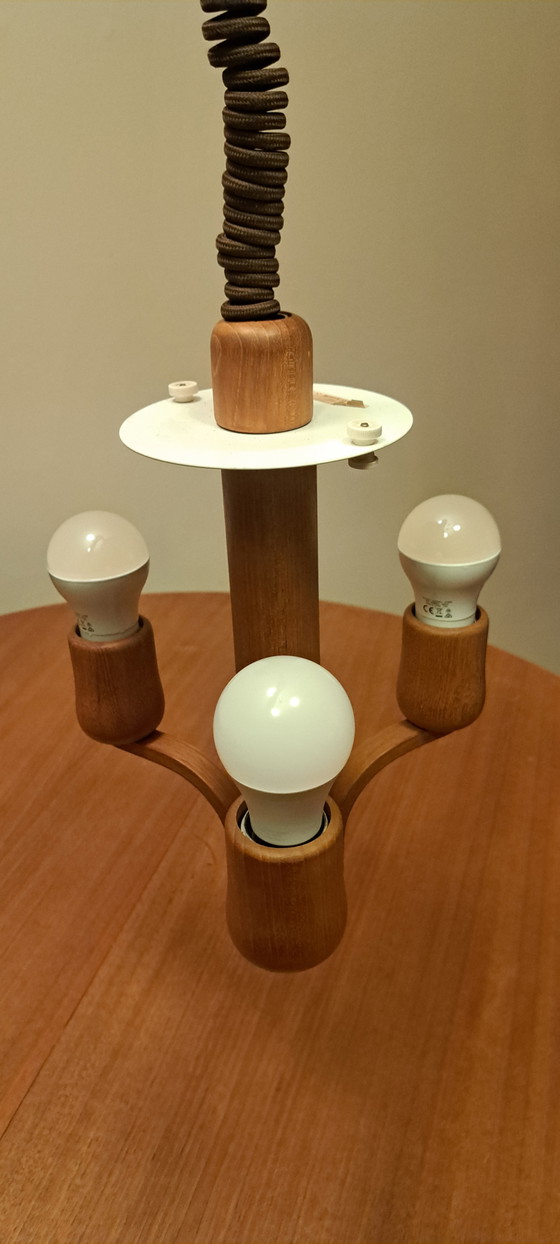 Image 1 of Plafonnier original DOMUS en teck – 3 lumières – Années 1970 – Style milieu du siècle