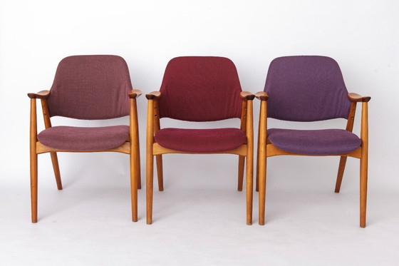 Image 1 of Set van 4 vintage loungestoelen, Duitsland jaren 60, beukenhout, nieuw gestoffeerd, woonkamerstoelen in mid-century stijl.
