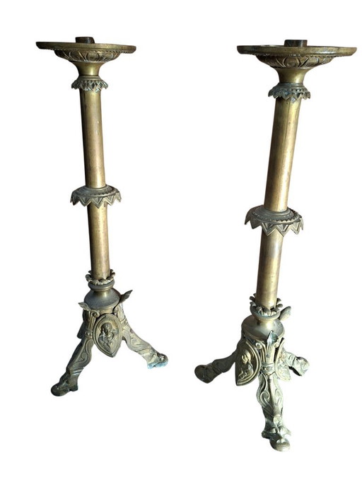Pair of Antique Neo-Gothic Style BRONZE Altar Candelabra H 60 cm