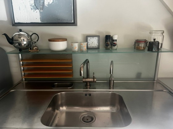 Bulthaup System 20 with Bosch retro refrigerator and oven/microwave block, Furniture, Glass, Metal, Brown (photo 6 of 16)
