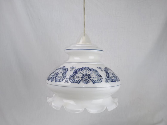 Image 1 of Mid Century Murano Pendant Light White Opaline Textured Engraved Glass Lantern 1950s