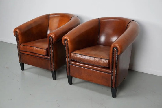 Image 1 of Vintage Nederlandse cognackleurige leren clubfauteuils, set van 2