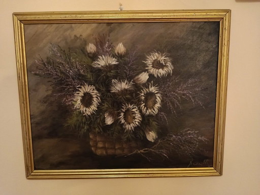 Peinture florale d'Anna M. Gerardi, huile sur carton, milieu du XXe siècle