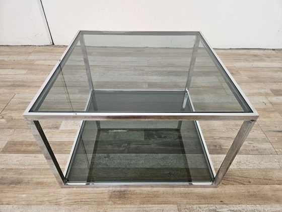 1970er Beistelltisch aus Stahl mit zwei Rauchglasböden – Couchtische, Metal (photo 4 of 12)