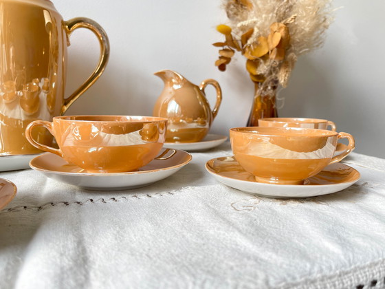 Image 1 of Service à Thé Vintage en Lustre Czecho-Slovaquia Victoria China Pêche Irisé 1950